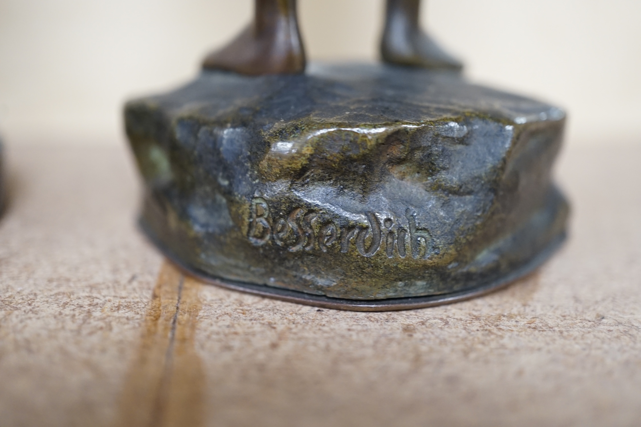 A bronze study of a girl holding a tambourine, and a bronze boy carrying grapes, raised on marble base, largest 16cm high. Condition - good